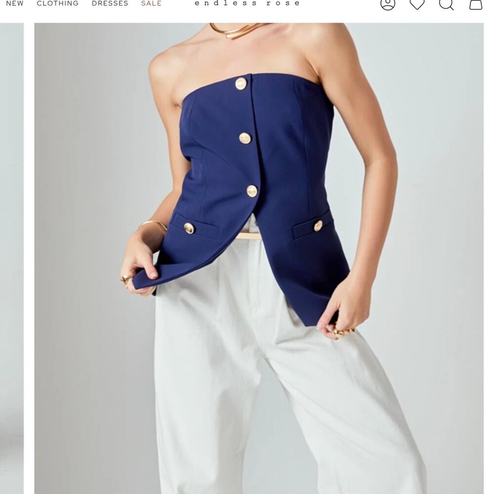 Endless Rose Elegant Navy Strapless Suit Long Top with Gold Size Large #161